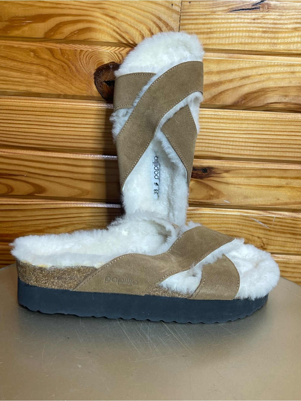 Papillio Tan Suede Shearling Slide Sandals